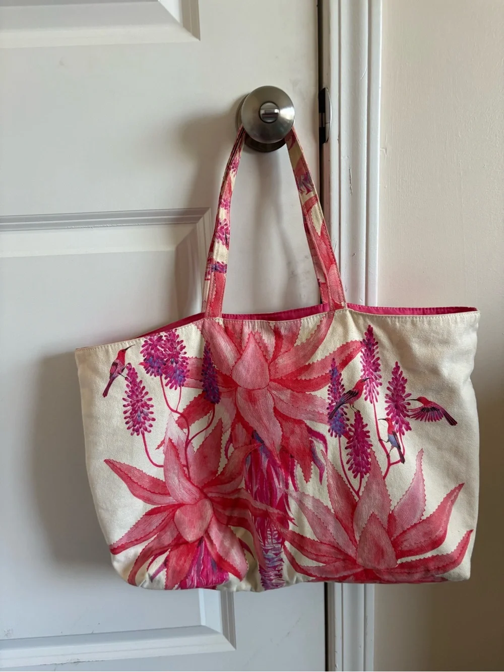 Canvas Floral Tote Bag in Pink and Cream